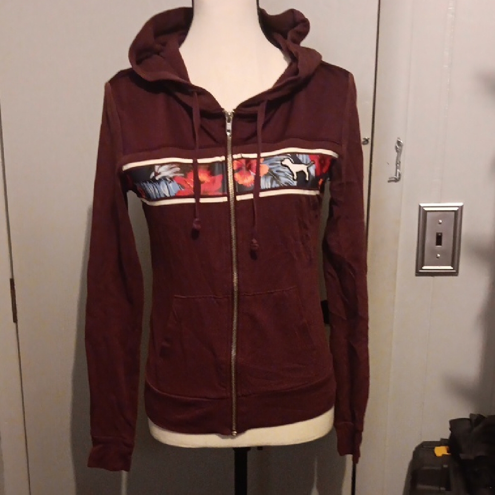 PINK Victoria's Secret Burgundy Hoodie with Floral Accent